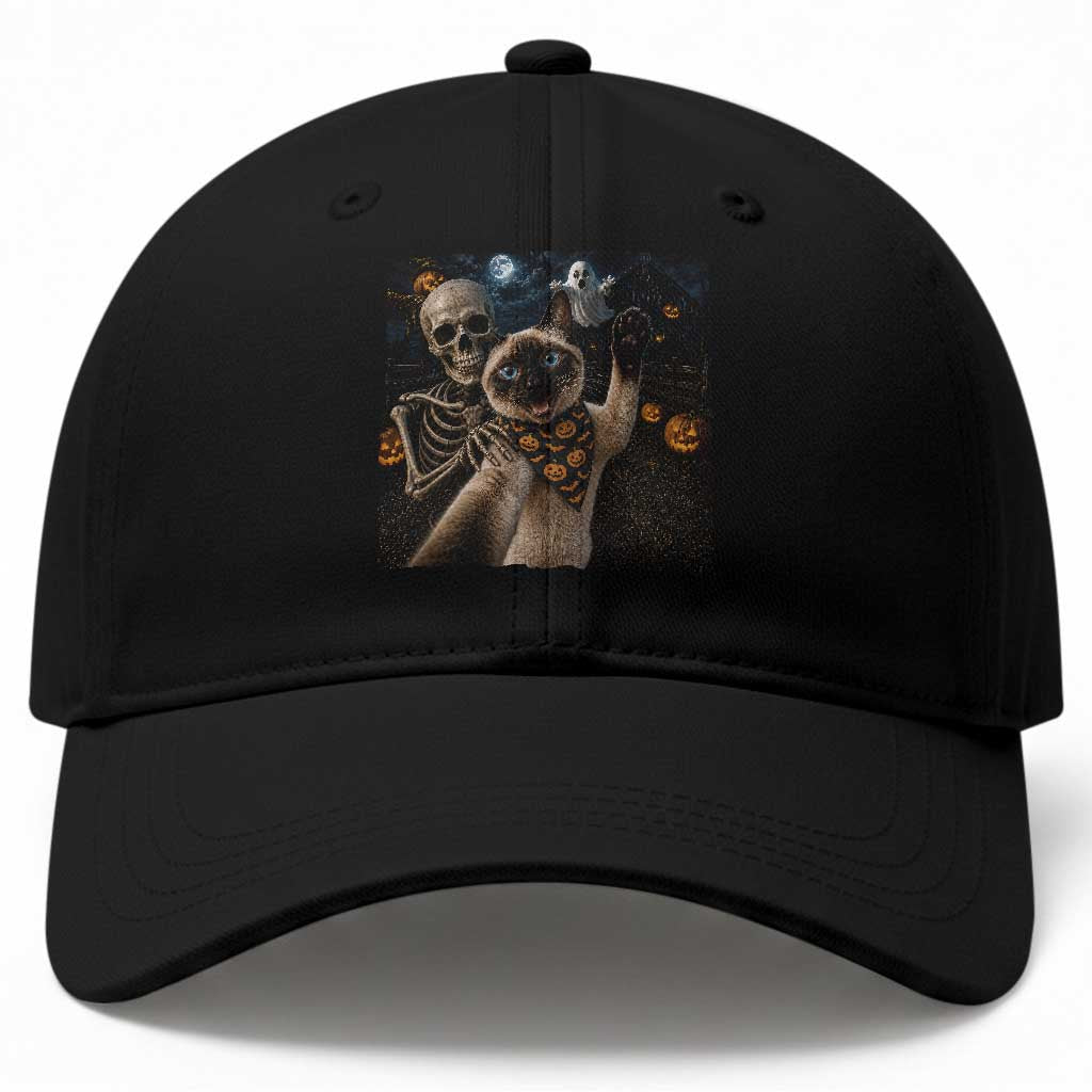 Funny Skeleton Selfie Siamese Cat Baseball Cap Halloween Spooky Cat Lover Gift