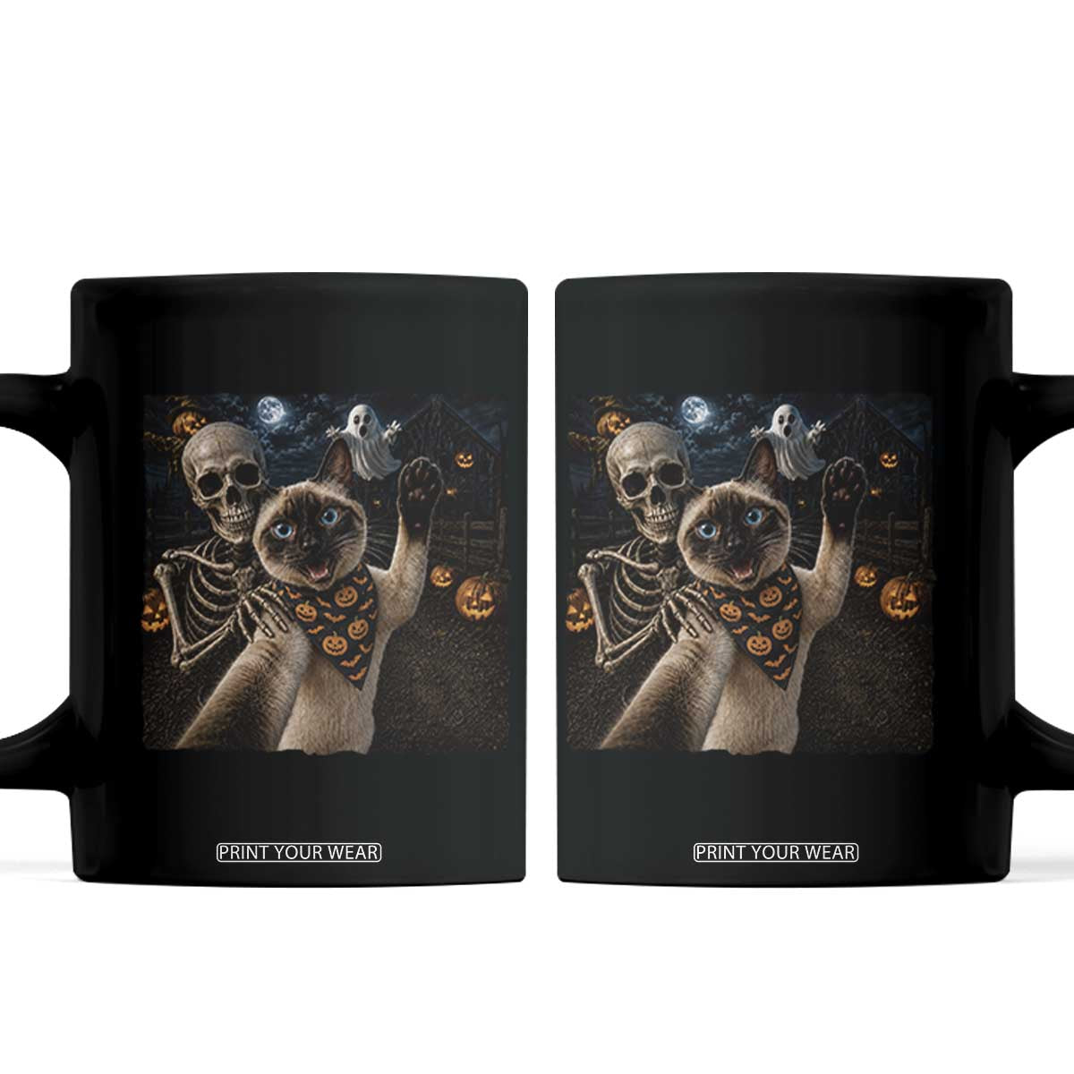 Funny Skeleton Selfie Siamese Cat Coffee Mug Halloween Spooky Cat Lover Gift TS12 Black Print Your Wear