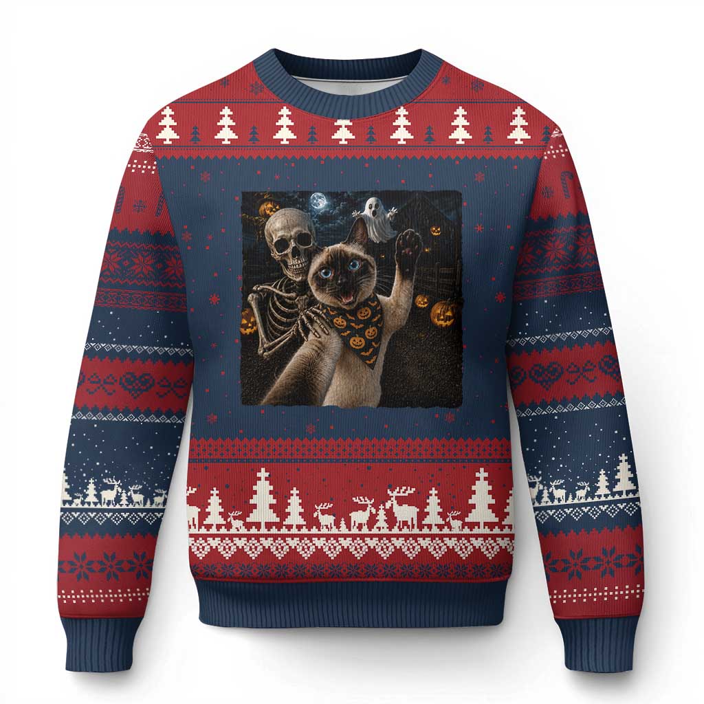 Funny Skeleton Selfie Siamese Cat Ugly Christmas Sweater Halloween Spooky Cat Lover Gift TS12 Navy Red Print Your Wear