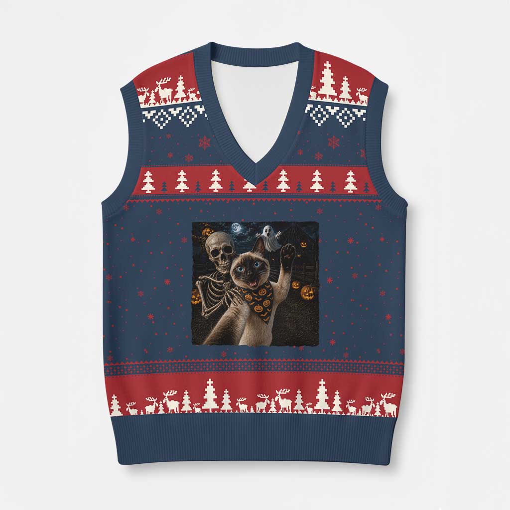 Funny Skeleton Selfie Siamese Cat V-Neck Knit Sweater Vest Halloween Spooky Cat Lover Gift TS12 Navy Red Print Your Wear