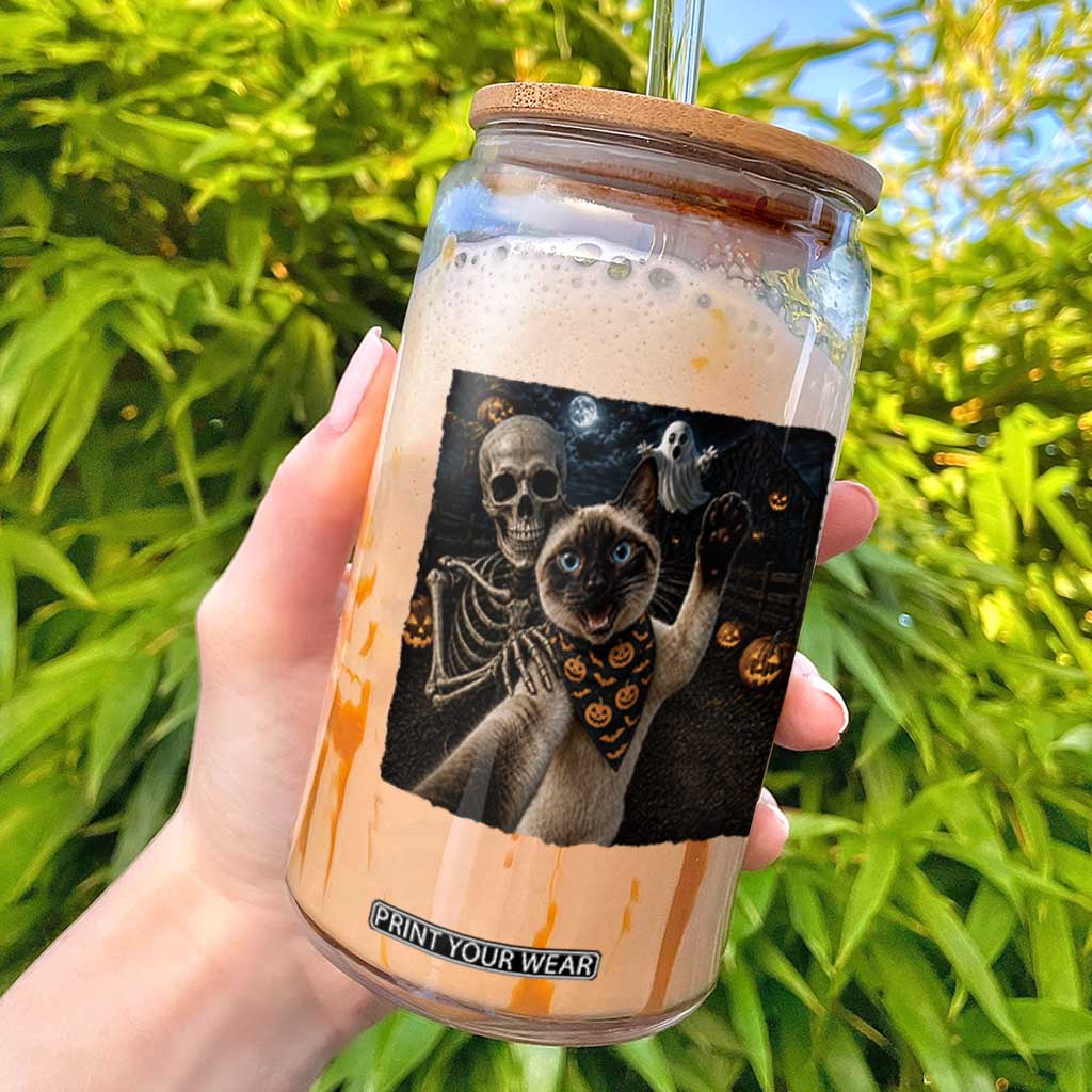 Funny Skeleton Selfie Siamese Cat Glass Can Halloween Spooky Cat Lover Gift TS12 Black Print Your Wear