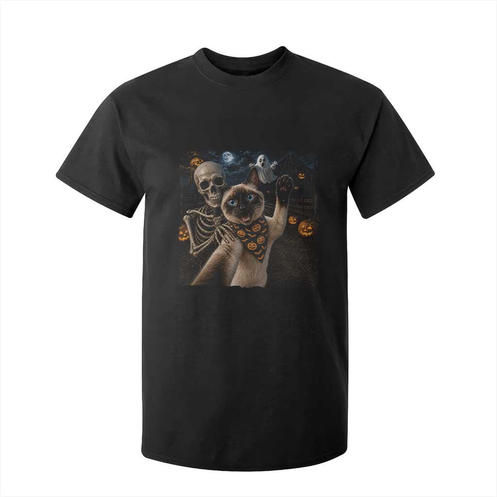 Funny Skeleton Selfie Siamese Cat T Shirt For Kid Halloween Spooky Cat Lover Gift TS12 Black Print Your Wear