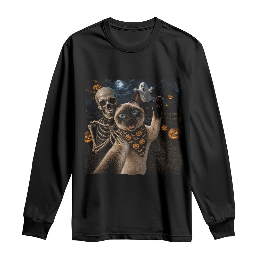 Funny Skeleton Selfie Siamese Cat Long Sleeve Shirt Halloween Spooky Cat Lover Gift TS12 Black Print Your Wear
