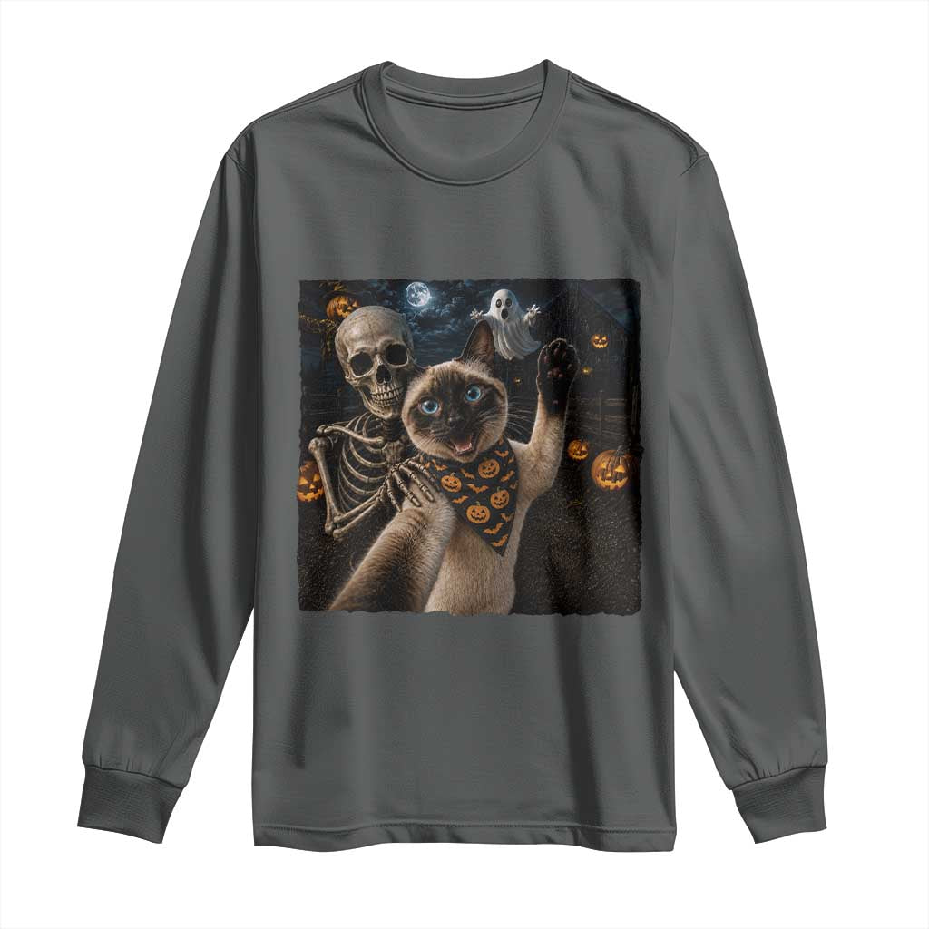 Funny Skeleton Selfie Siamese Cat Long Sleeve Shirt Halloween Spooky Cat Lover Gift TS12 Dark Heather Print Your Wear
