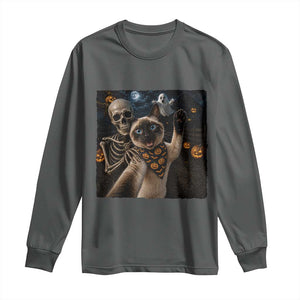 Funny Skeleton Selfie Siamese Cat Long Sleeve Shirt Halloween Spooky Cat Lover Gift TS12 Dark Heather Print Your Wear