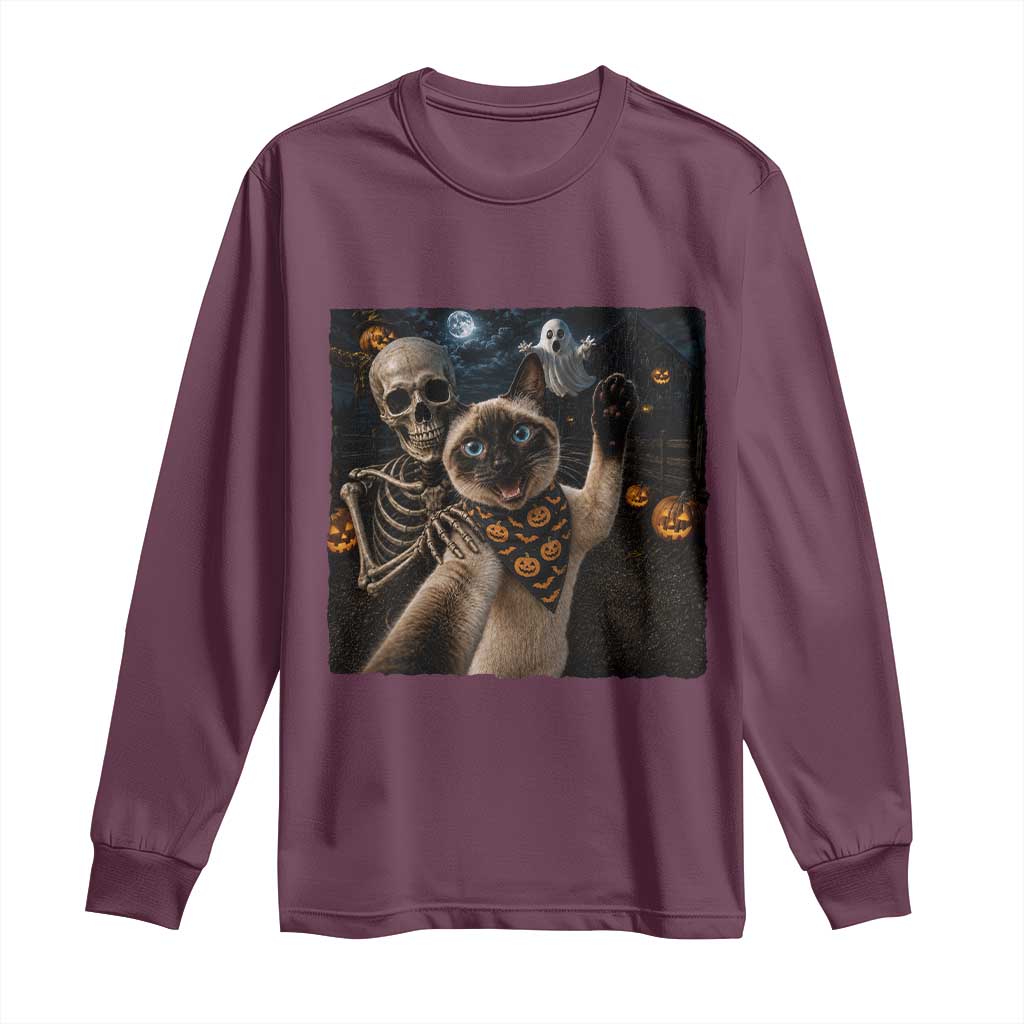 Funny Skeleton Selfie Siamese Cat Long Sleeve Shirt Halloween Spooky Cat Lover Gift TS12 Maroon Print Your Wear