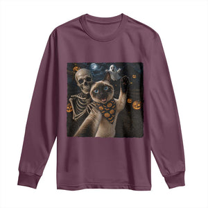 Funny Skeleton Selfie Siamese Cat Long Sleeve Shirt Halloween Spooky Cat Lover Gift TS12 Maroon Print Your Wear