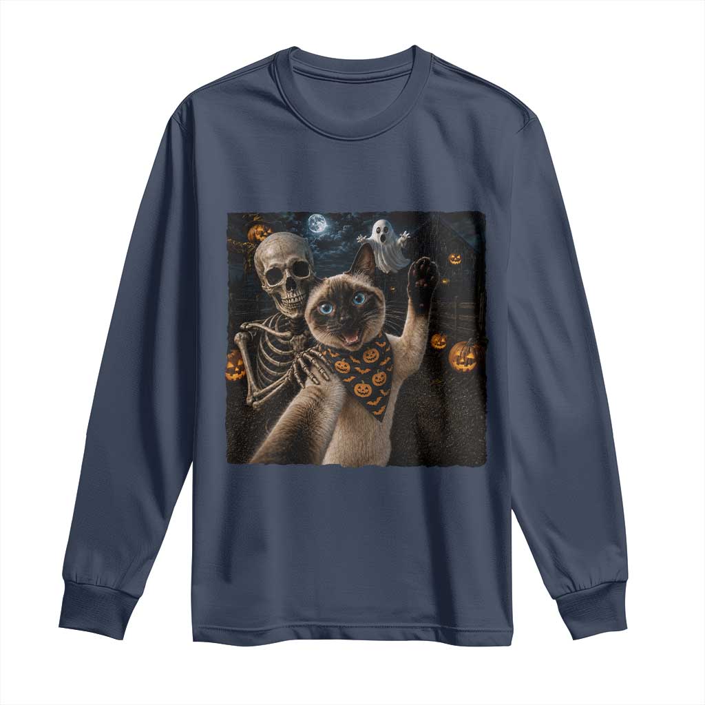 Funny Skeleton Selfie Siamese Cat Long Sleeve Shirt Halloween Spooky Cat Lover Gift TS12 Navy Print Your Wear