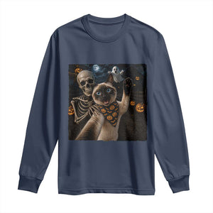 Funny Skeleton Selfie Siamese Cat Long Sleeve Shirt Halloween Spooky Cat Lover Gift TS12 Navy Print Your Wear