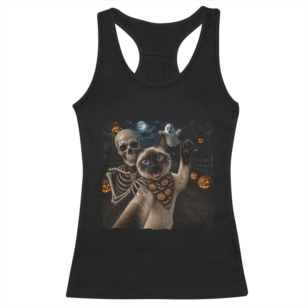 Funny Skeleton Selfie Siamese Cat Racerback Tank Top Halloween Spooky Cat Lover Gift TS12 Black Print Your Wear