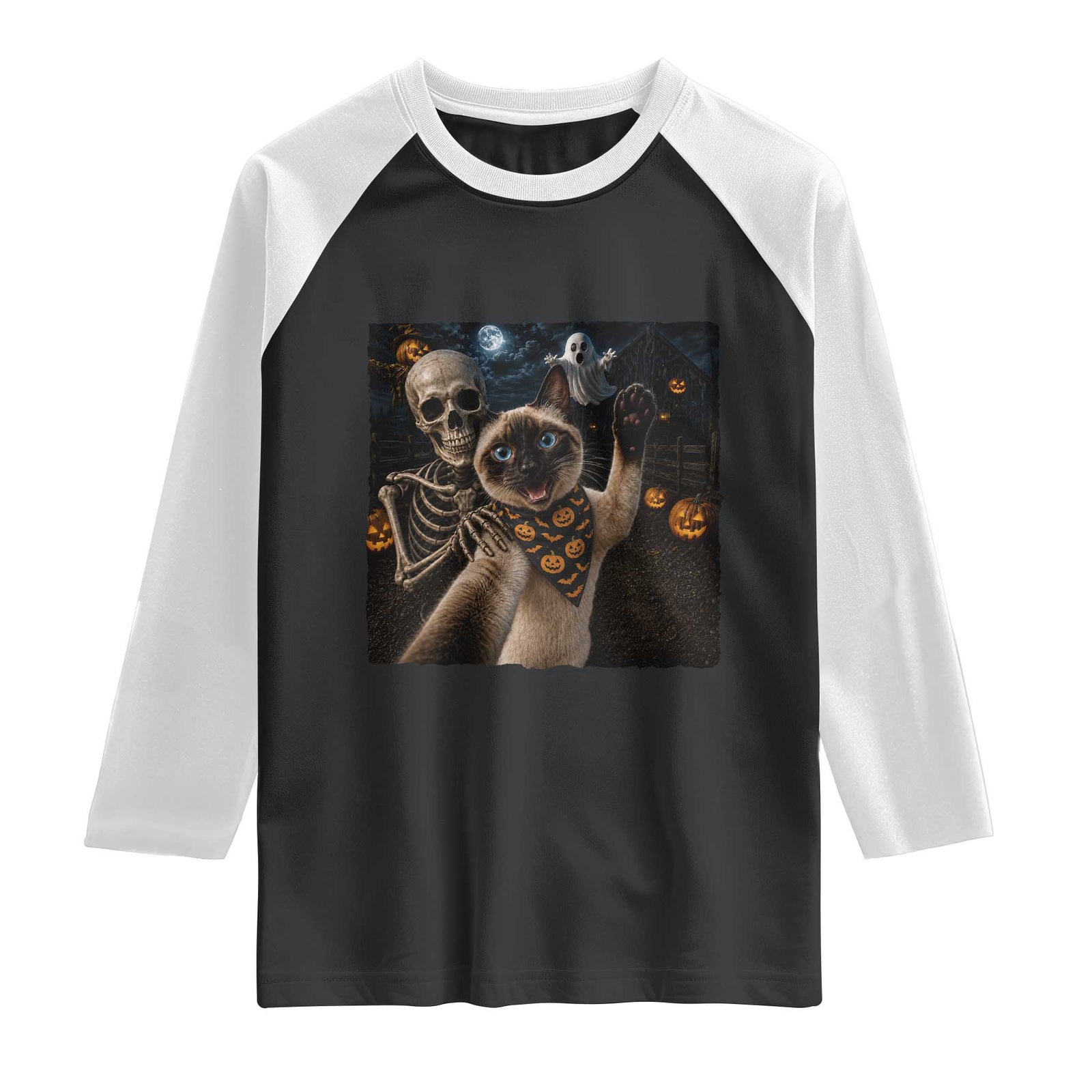 Funny Skeleton Selfie Siamese Cat Raglan Shirt Halloween Spooky Cat Lover Gift TS12 Black White Print Your Wear