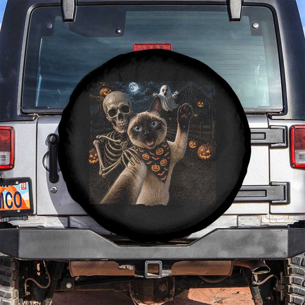 Funny Skeleton Selfie Siamese Cat Spare Tire Cover Halloween Spooky Cat Lover Gift TS12 No hole Black Print Your Wear