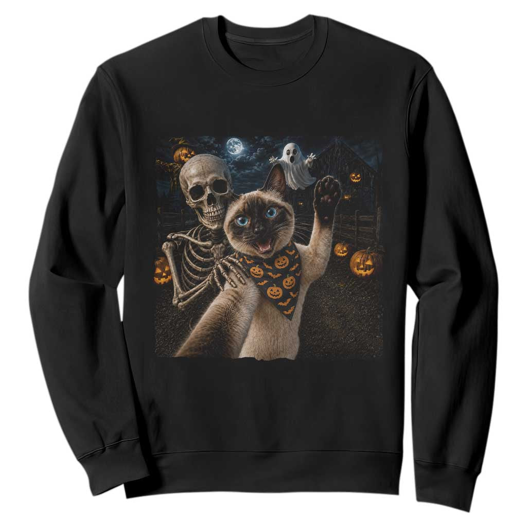 Funny Skeleton Selfie Siamese Cat Sweatshirt Halloween Spooky Cat Lover Gift TS12 Black Print Your Wear