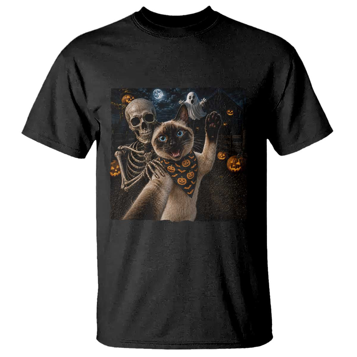 Funny Skeleton Selfie Siamese Cat T Shirt Halloween Spooky Cat Lover Gift TS12 Black Print Your Wear