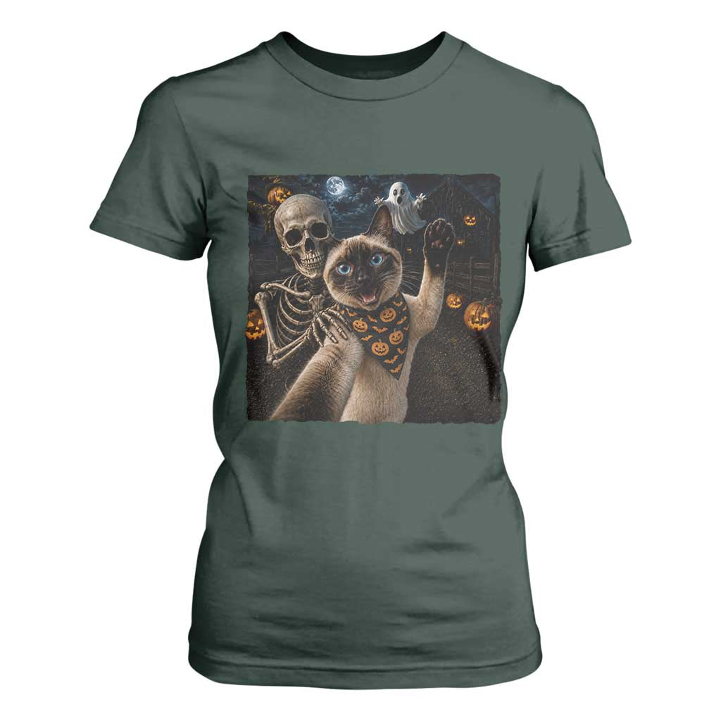 Funny Skeleton Selfie Siamese Cat T Shirt For Women Halloween Spooky Cat Lover Gift TS12 Dark Forest Green Print Your Wear