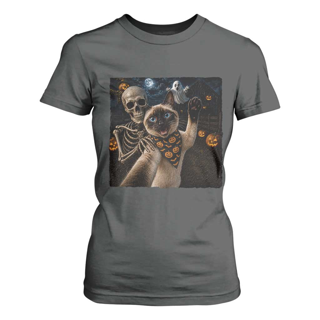 Funny Skeleton Selfie Siamese Cat T Shirt For Women Halloween Spooky Cat Lover Gift TS12 Dark Heather Print Your Wear