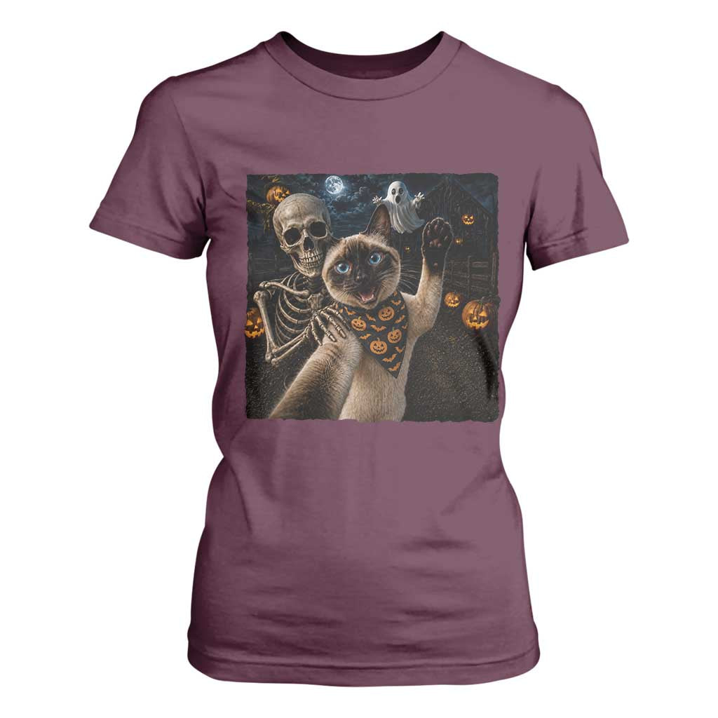 Funny Skeleton Selfie Siamese Cat T Shirt For Women Halloween Spooky Cat Lover Gift TS12 Maroon Print Your Wear
