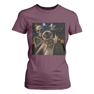 Funny Skeleton Selfie Siamese Cat T Shirt For Women Halloween Spooky Cat Lover Gift TS12 Maroon Print Your Wear
