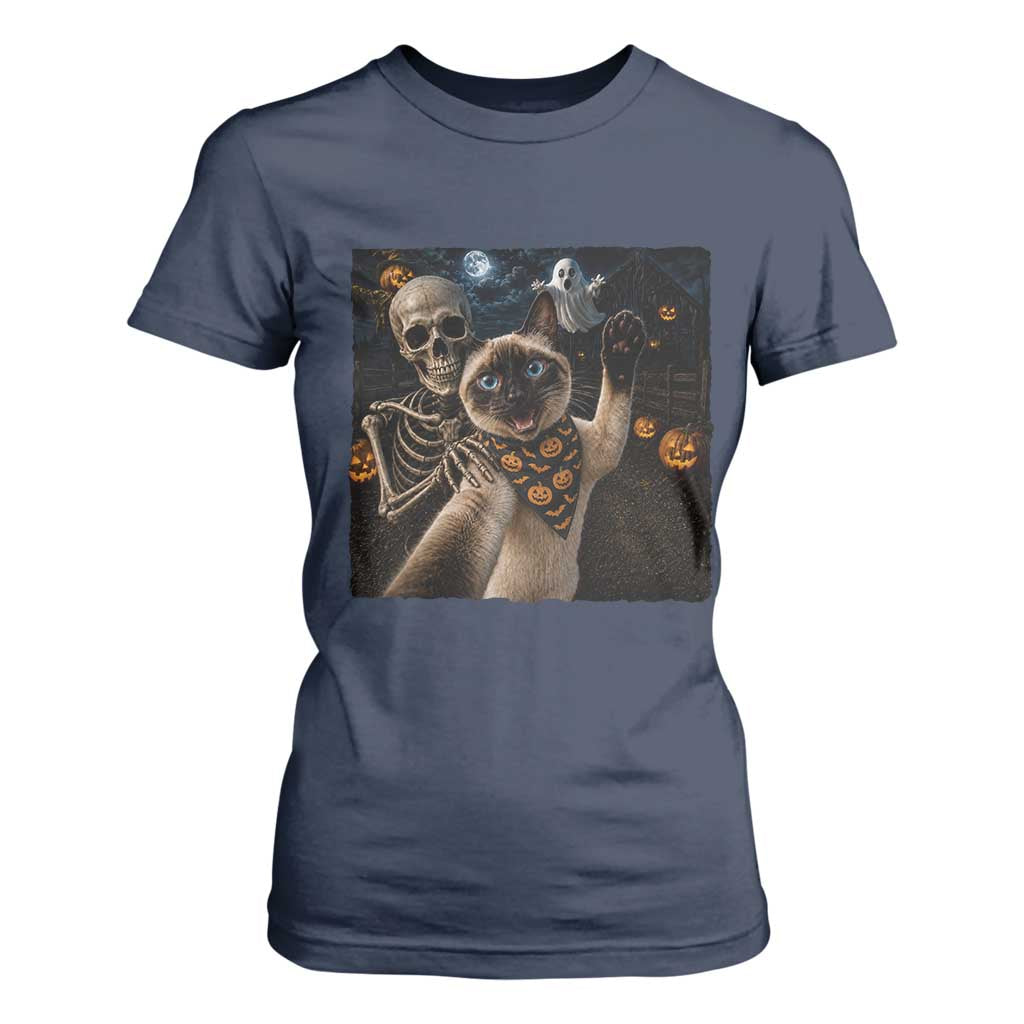 Funny Skeleton Selfie Siamese Cat T Shirt For Women Halloween Spooky Cat Lover Gift TS12 Navy Print Your Wear