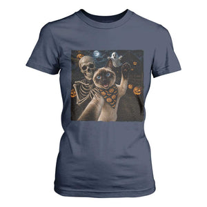 Funny Skeleton Selfie Siamese Cat T Shirt For Women Halloween Spooky Cat Lover Gift TS12 Navy Print Your Wear