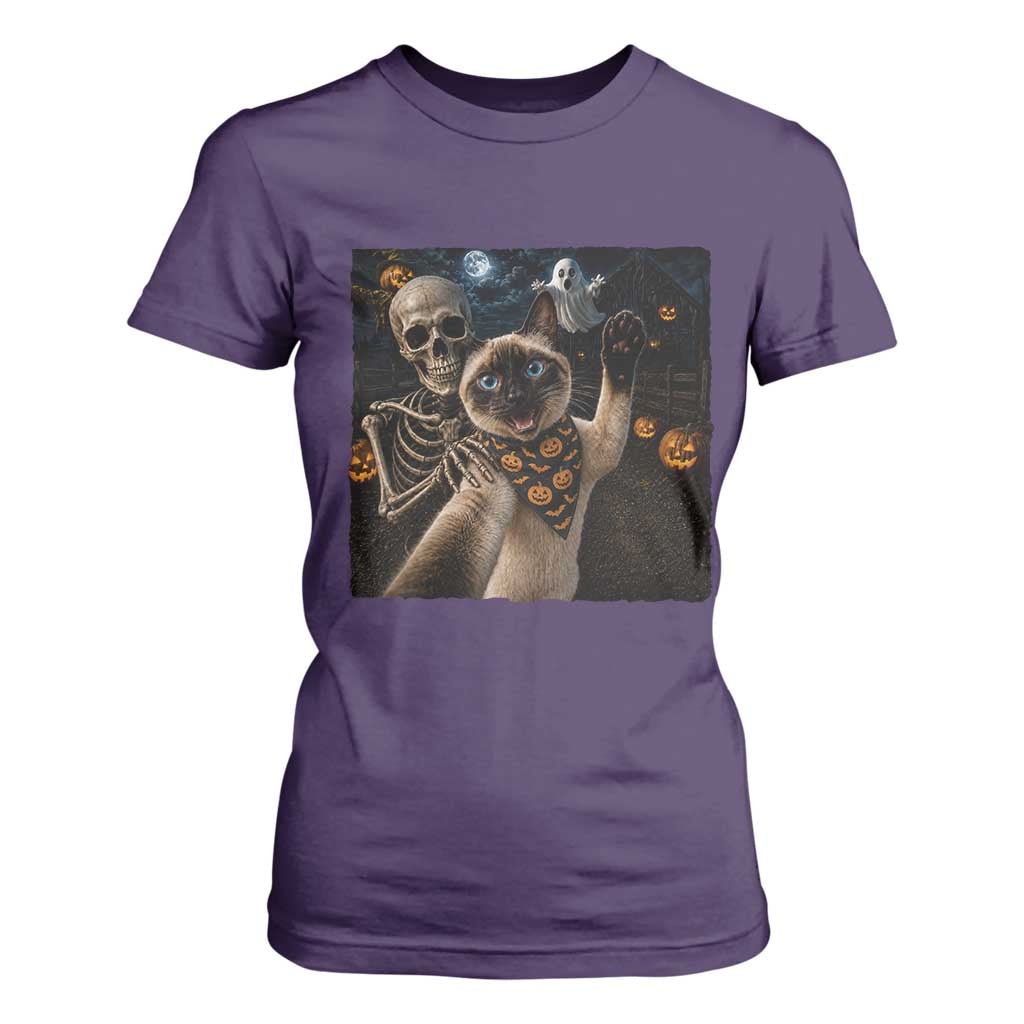 Funny Skeleton Selfie Siamese Cat T Shirt For Women Halloween Spooky Cat Lover Gift TS12 Purple Print Your Wear