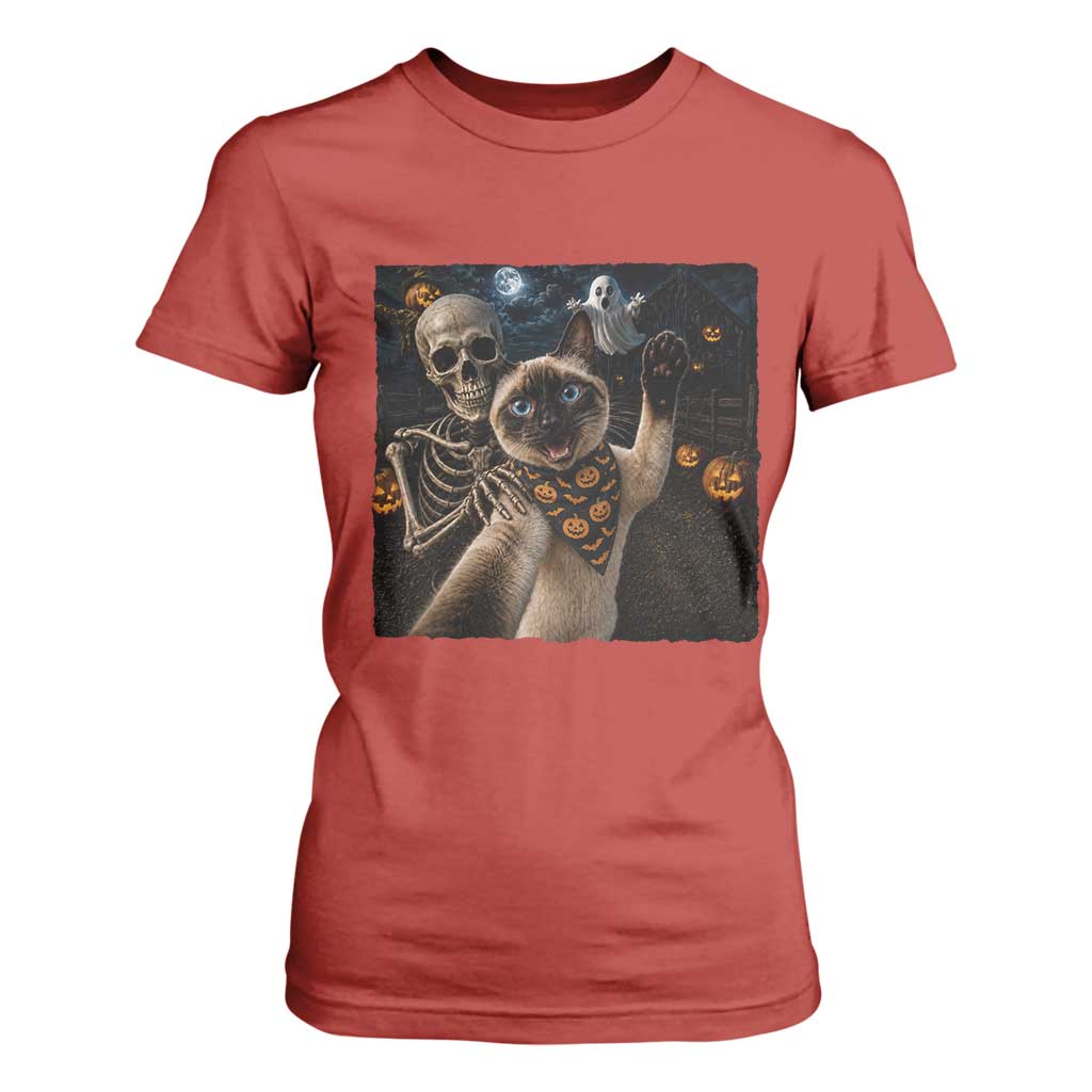 Funny Skeleton Selfie Siamese Cat T Shirt For Women Halloween Spooky Cat Lover Gift TS12 Red Print Your Wear