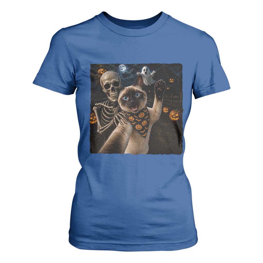 Funny Skeleton Selfie Siamese Cat T Shirt For Women Halloween Spooky Cat Lover Gift TS12 Royal Blue Print Your Wear