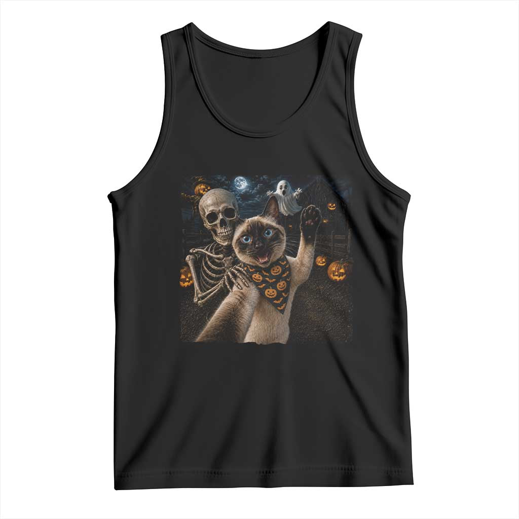 Funny Skeleton Selfie Siamese Cat Tank Top Halloween Spooky Cat Lover Gift TS12 Black Print Your Wear