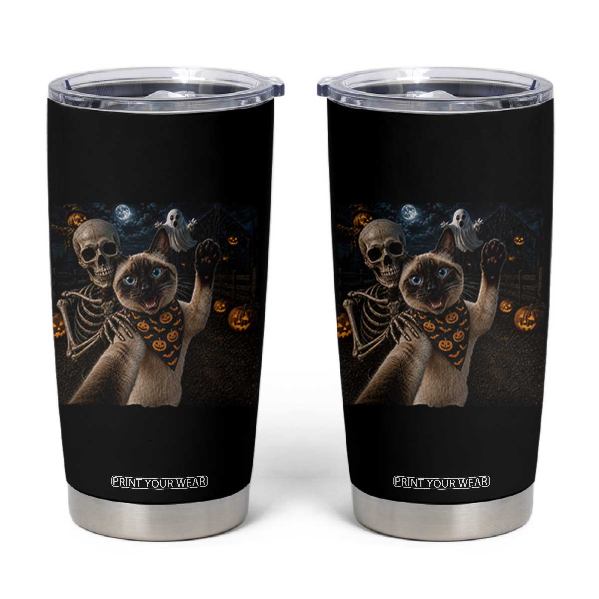 Funny Skeleton Selfie Siamese Cat Tumbler Cup Halloween Spooky Cat Lover Gift TS12 Black Print Your Wear