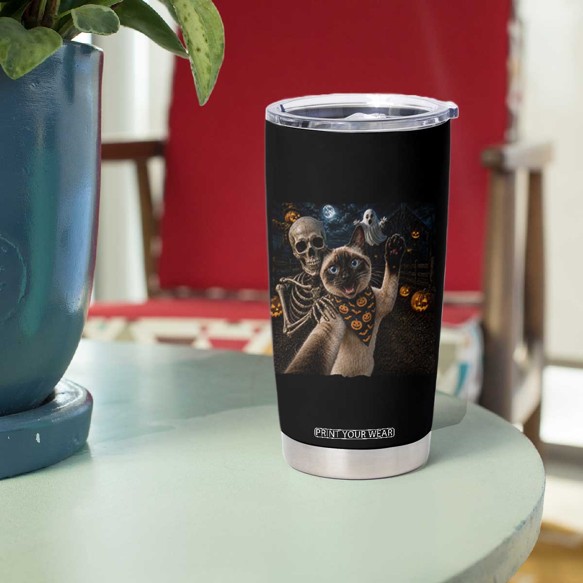 Funny Skeleton Selfie Siamese Cat Tumbler Cup Halloween Spooky Cat Lover Gift