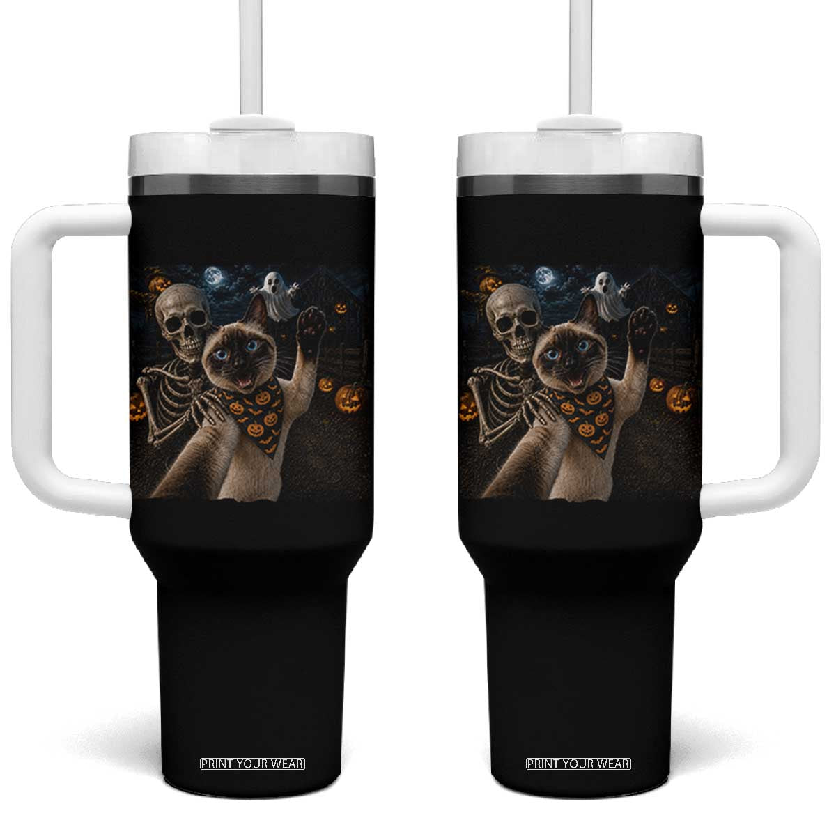 Funny Skeleton Selfie Siamese Cat Tumbler With Handle Halloween Spooky Cat Lover Gift TS12 One Size: 40 oz Black Print Your Wear