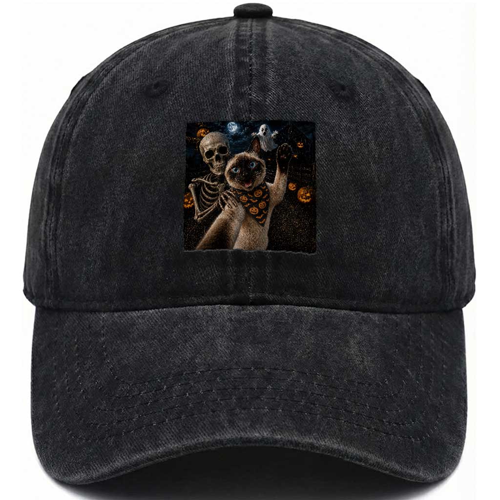 Funny Skeleton Selfie Siamese Cat Washed Cotton Baseball Cap Halloween Spooky Cat Lover Gift TS12 Print Your Wear
