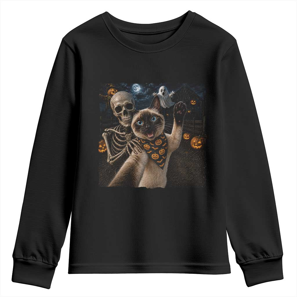Funny Skeleton Selfie Siamese Cat Youth Sweatshirt Halloween Spooky Cat Lover Gift TS12 Black Print Your Wear