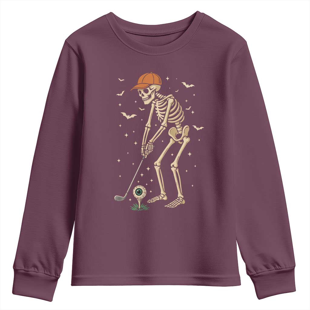 Halloween Skeleton Golfer Youth Sweatshirt Funny Golf Lover Gift TS12 Maroon Print Your Wear