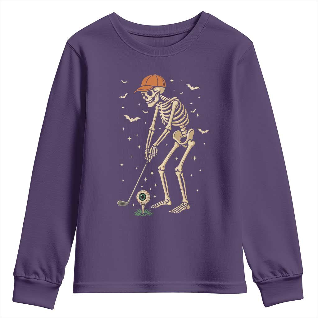 Halloween Skeleton Golfer Youth Sweatshirt Funny Golf Lover Gift TS12 Purple Print Your Wear
