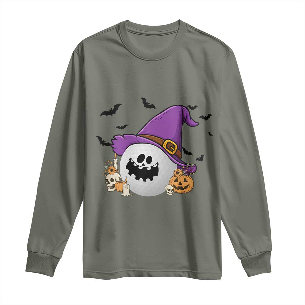 Halloween Golfer Gift Long Sleeve Shirt Creepy Golf Ball With Witch Hat TS12 Military Green Print Your Wear