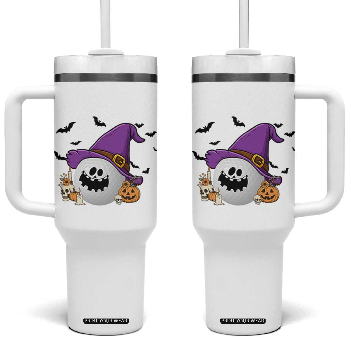 Halloween Golfer Gift Tumbler With Handle Creepy Golf Ball With Witch Hat TS12 One Size: 40 oz White Print Your Wear