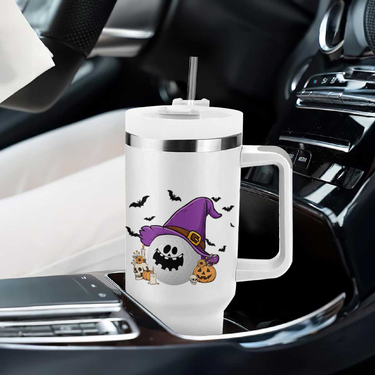 Halloween Golfer Gift Tumbler With Handle Creepy Golf Ball With Witch Hat TS12 Print Your Wear