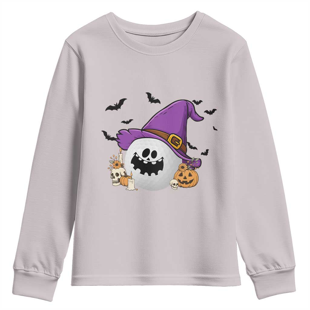 Halloween Golfer Gift Youth Sweatshirt Creepy Golf Ball With Witch Hat TS12 Ice Gray Print Your Wear