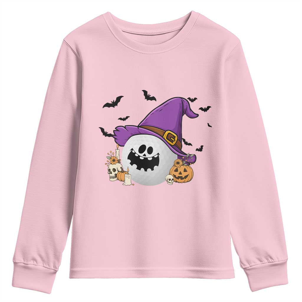 Halloween Golfer Gift Youth Sweatshirt Creepy Golf Ball With Witch Hat TS12 Light Pink Print Your Wear