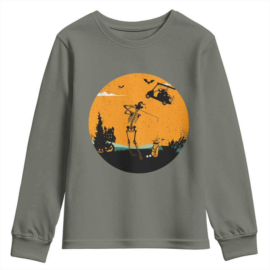 Funny Skeleton Golf Player Youth Sweatshirt Halloween Gift TS12 Military Green Print Your Wear