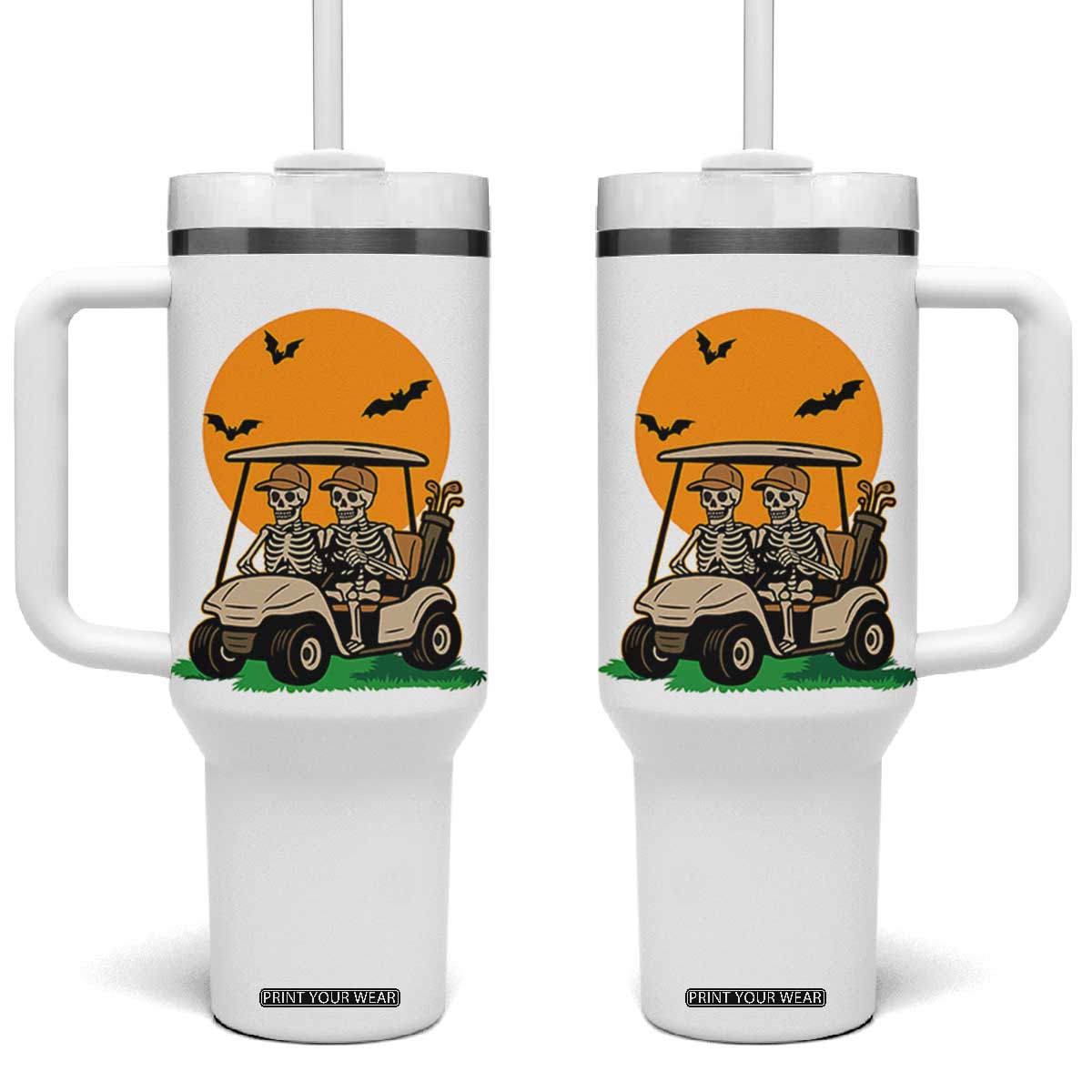 Funny Halloween Gift Tumbler With Handle Skeleton Driving Golf Cart TS12 One Size: 40 oz White Print Your Wear