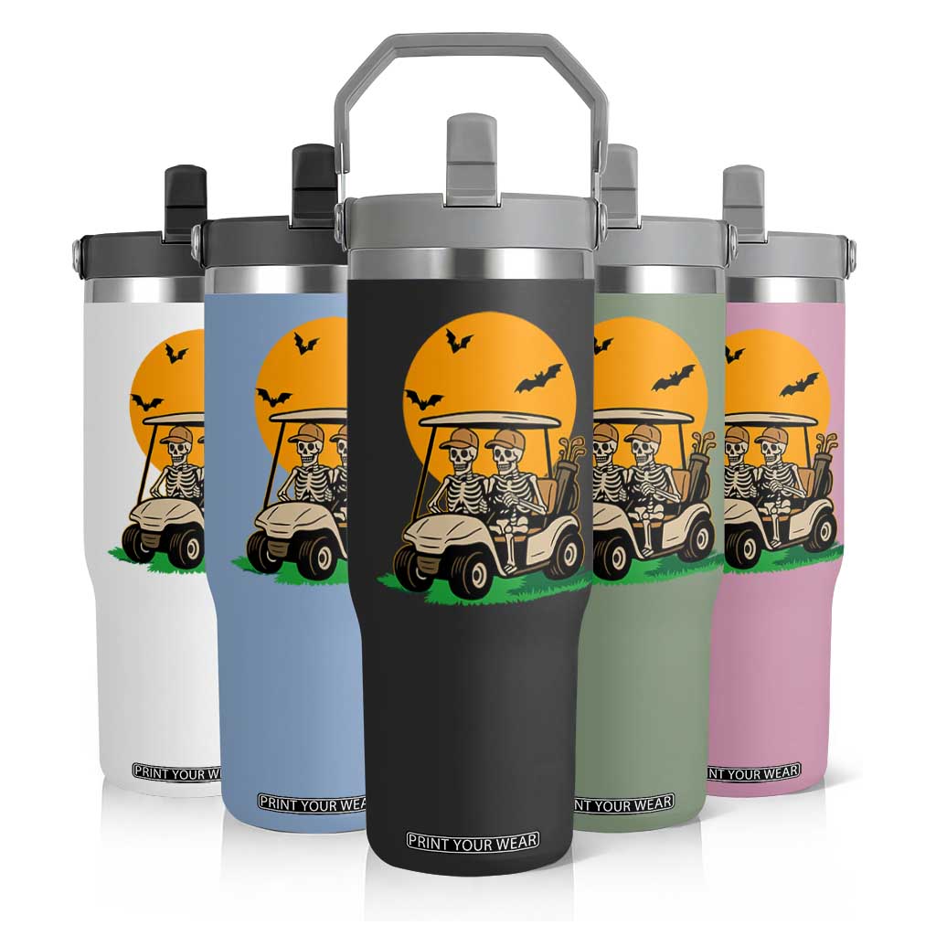 Funny Halloween Gift Flip Straw Tumbler Skeleton Driving Golf Cart TS12 Print Your Wear
