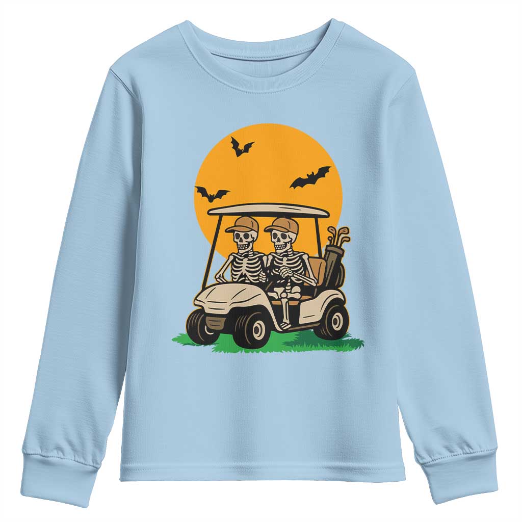 Funny Halloween Gift Youth Sweatshirt Skeleton Driving Golf Cart TS12 Light Blue Print Your Wear