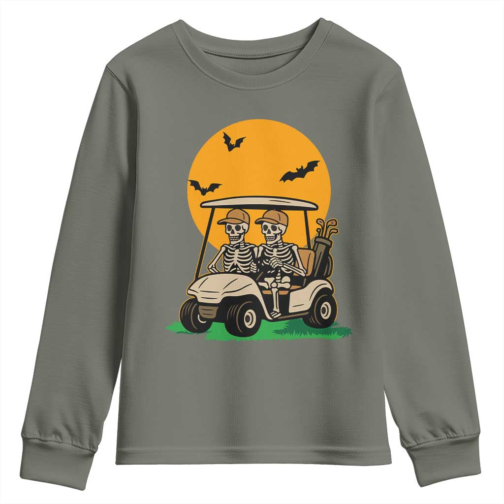 Funny Halloween Gift Youth Sweatshirt Skeleton Driving Golf Cart TS12 Military Green Print Your Wear