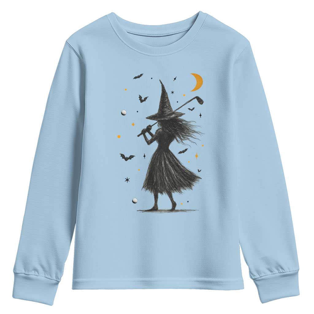 Halloween Sports Gift Youth Sweatshirt Creepy Witch With Golf Club TS12 Light Blue Print Your Wear