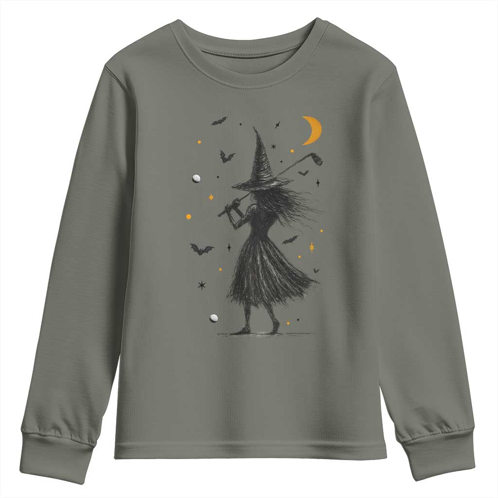 Halloween Sports Gift Youth Sweatshirt Creepy Witch With Golf Club TS12 Military Green Print Your Wear