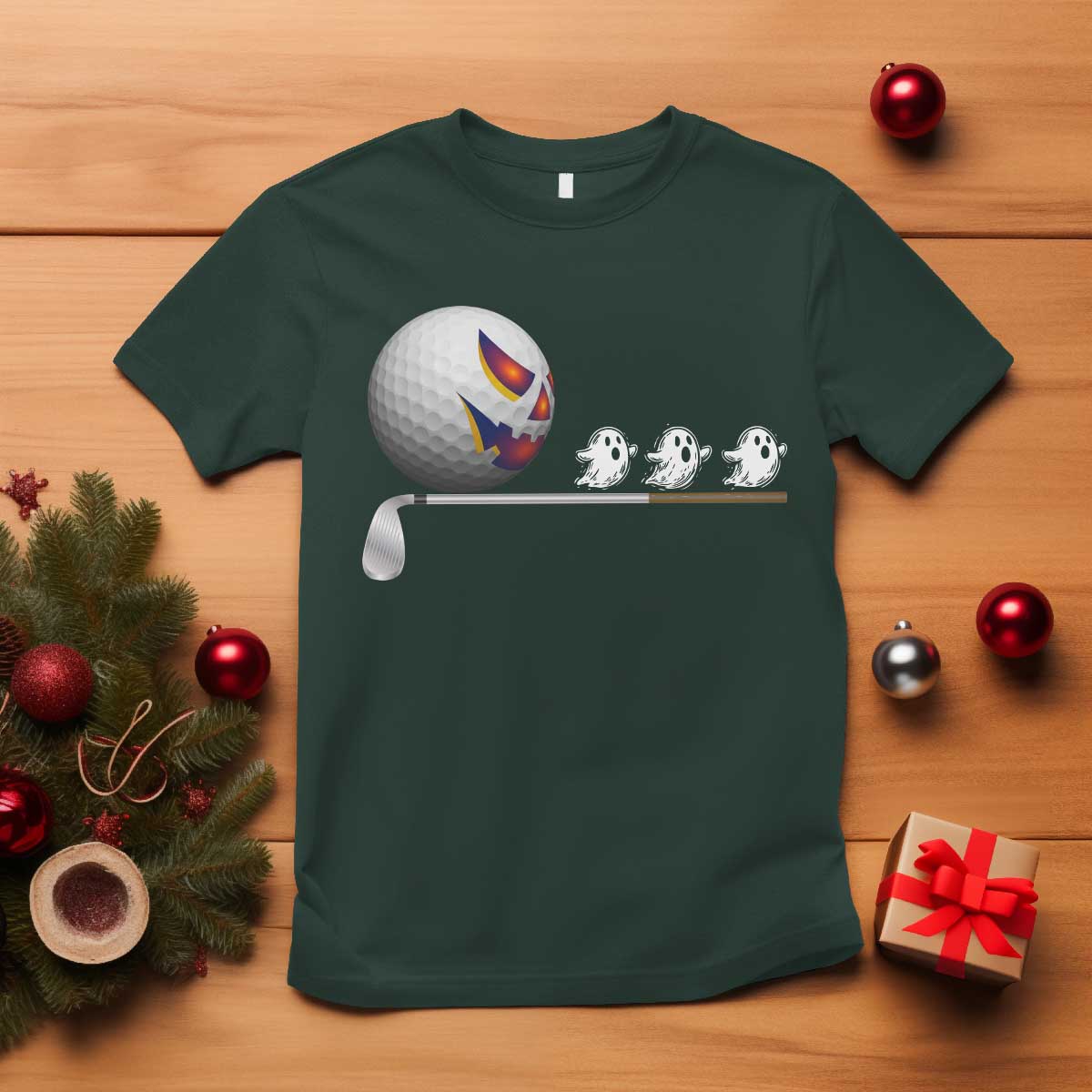 Funny Halloween Golf Pumpkin Chasing Ghost Gift T Shirt TS12 Dark Forest Green Print Your Wear