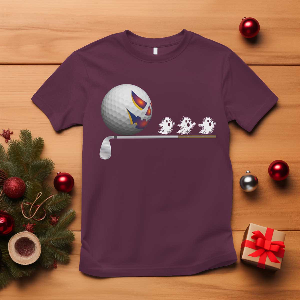 Funny Halloween Golf Pumpkin Chasing Ghost Gift T Shirt TS12 Maroon Print Your Wear