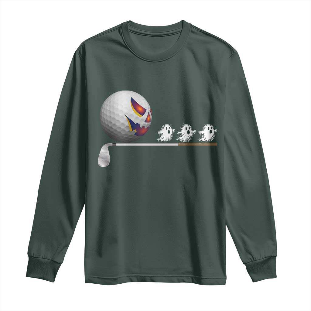 Funny Halloween Golf Pumpkin Chasing Ghost Gift Long Sleeve Shirt TS12 Dark Forest Green Print Your Wear